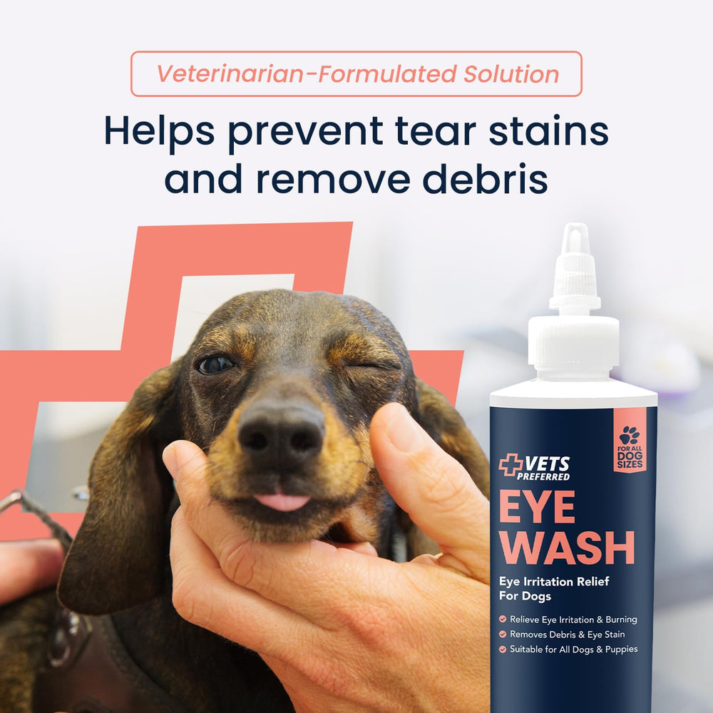 USA-made Vets Preferred Eye Cleaner label in GMP-certified facility.