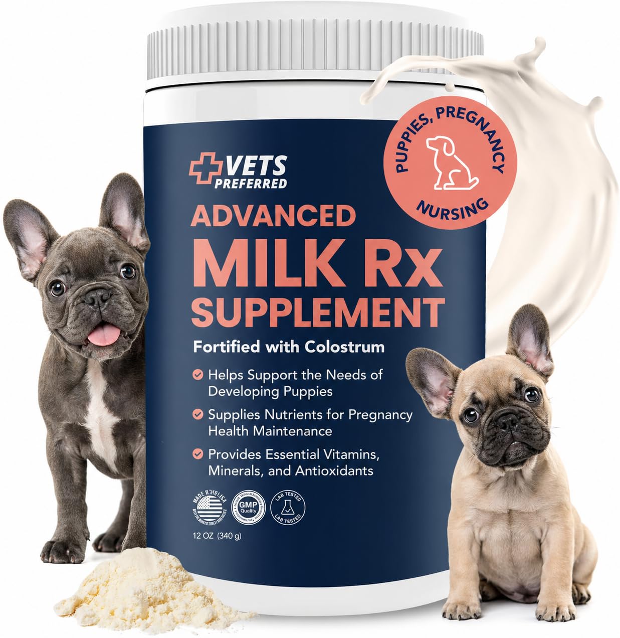 Vets Preferred Puppy Milk Replacer bottle showing nutrition for puppies.