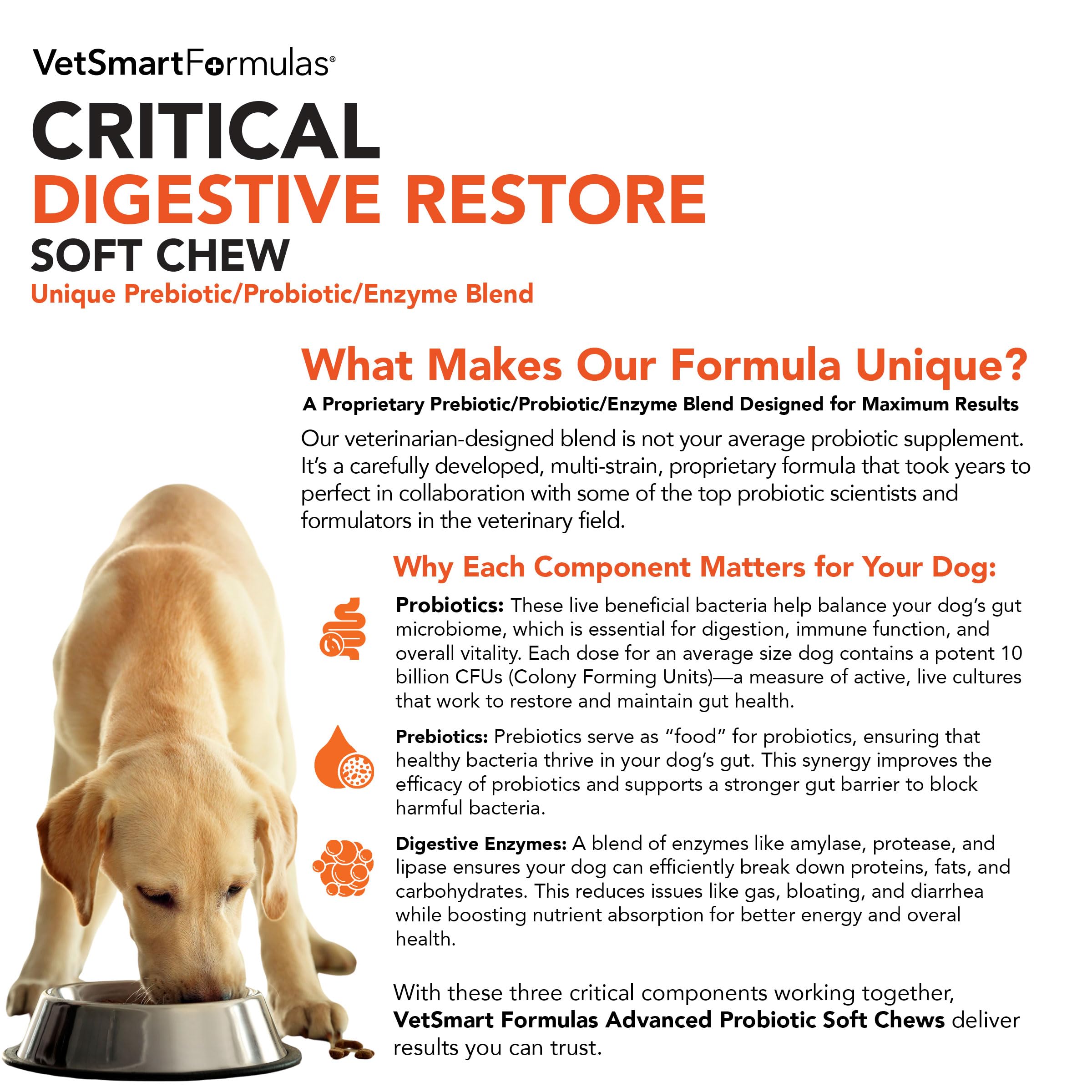VetSmart Formulas Critical Digestive Restore soft chews next to a dog bowl highlighting easy administration and palatability.