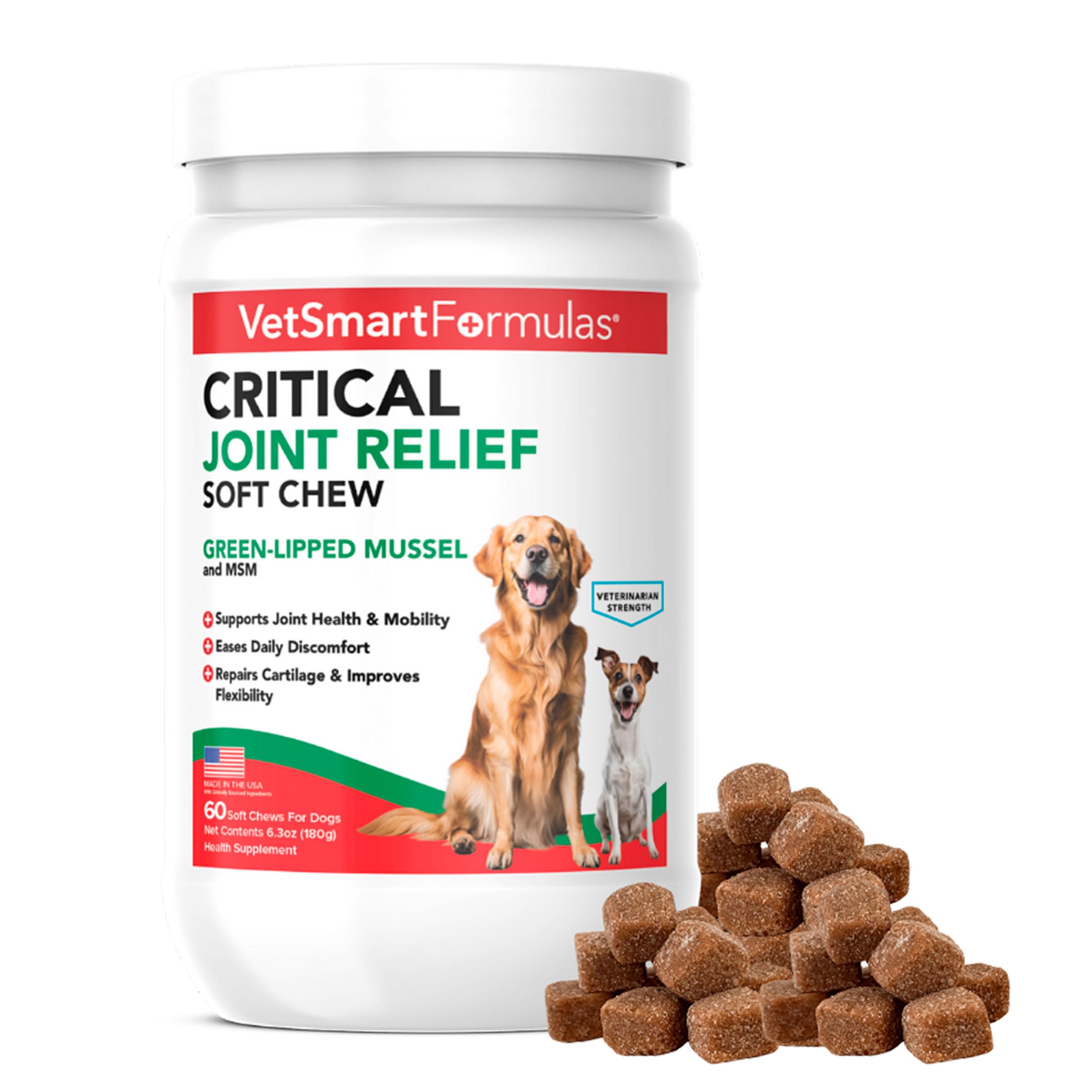 VetSmart Formulas Critical Joint Relief Soft Chews packaging for dogs supports daily joint comfort.