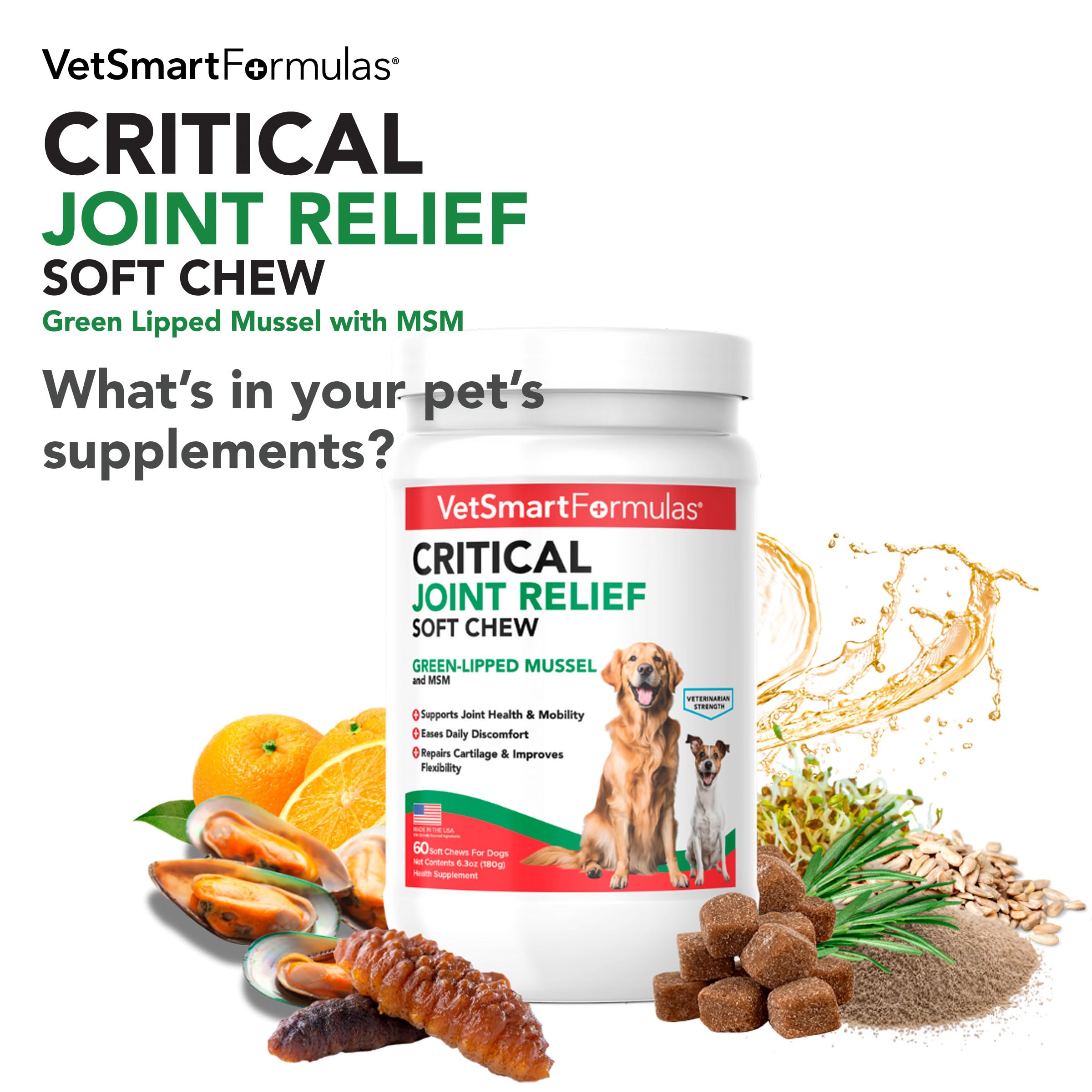 Close-up of VetSmart Formulas soft chews for easy daily joint care.
