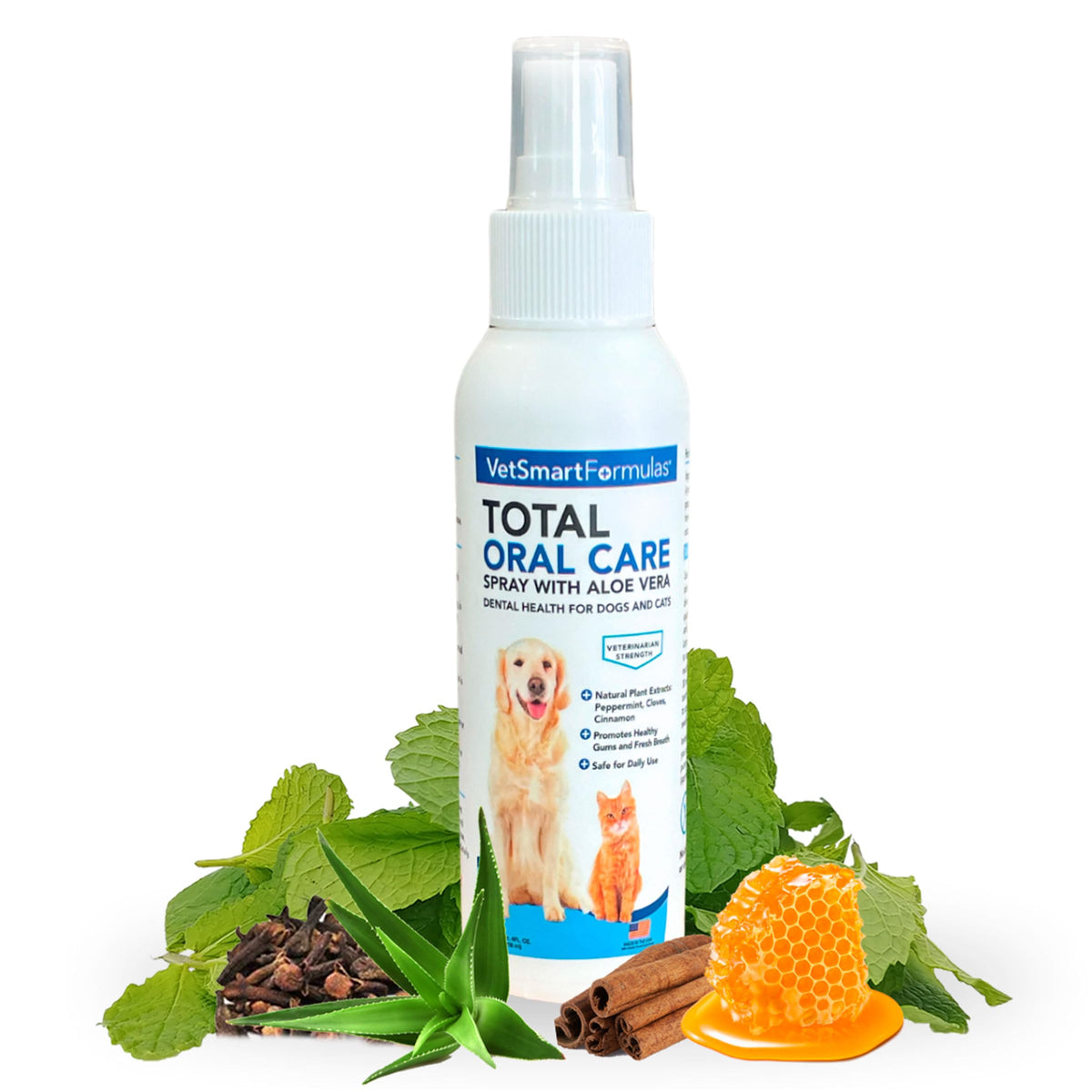 VetSmart Formulas dog breath freshener bottle pour shows quick, mess-free freshness.