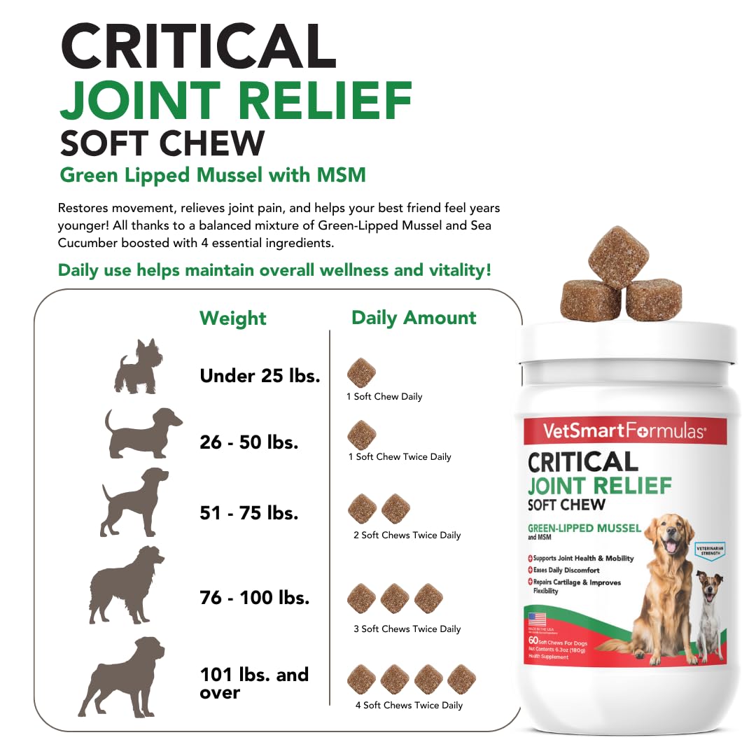 VetSmart Formulas glucosamine MSM-rich formula highlights joint support benefits.