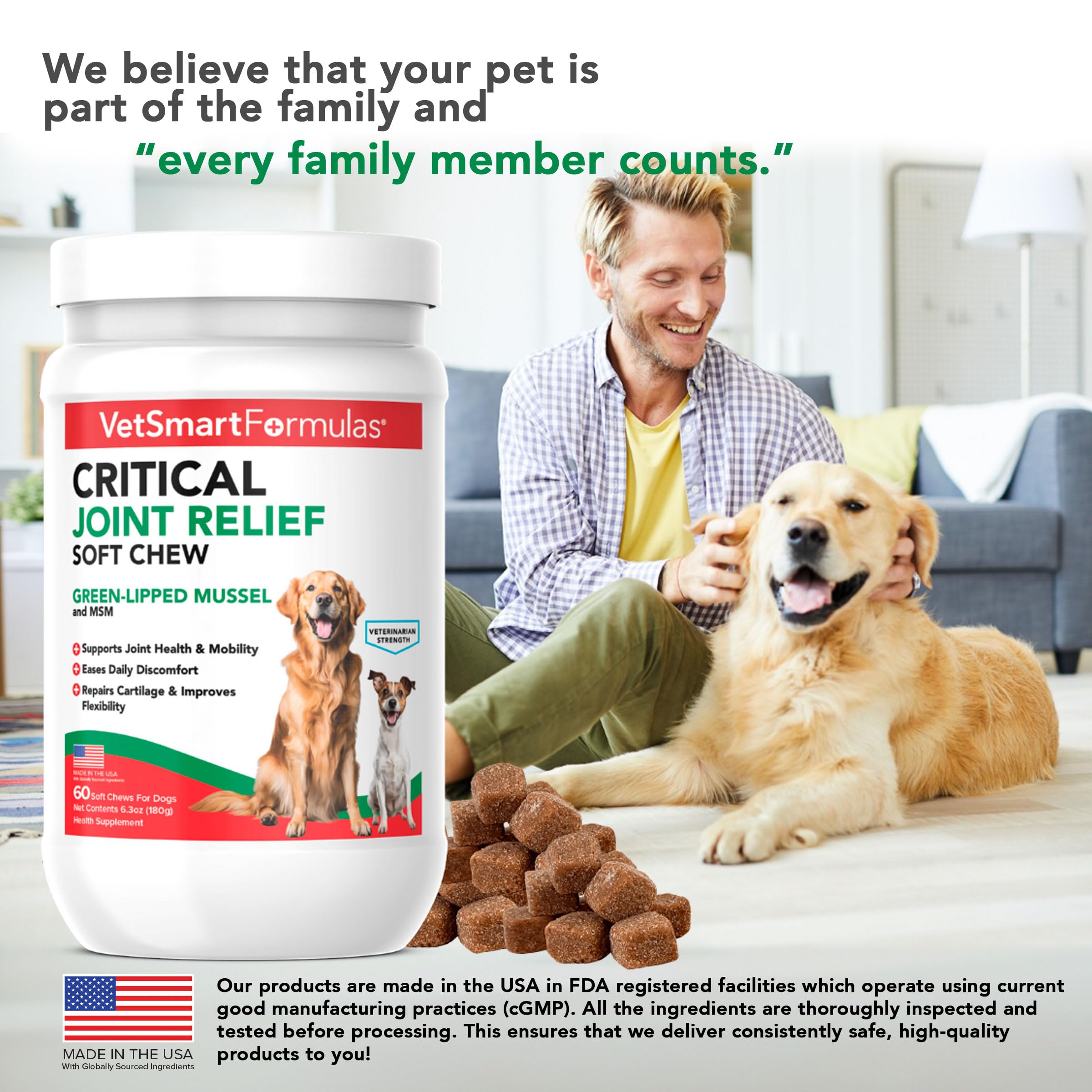 Made in USA label on VetSmart Formulas packaging ensuring quality.