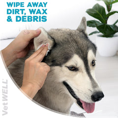VetWELL EarWELL dog ear wipes being applied to the outer ear.