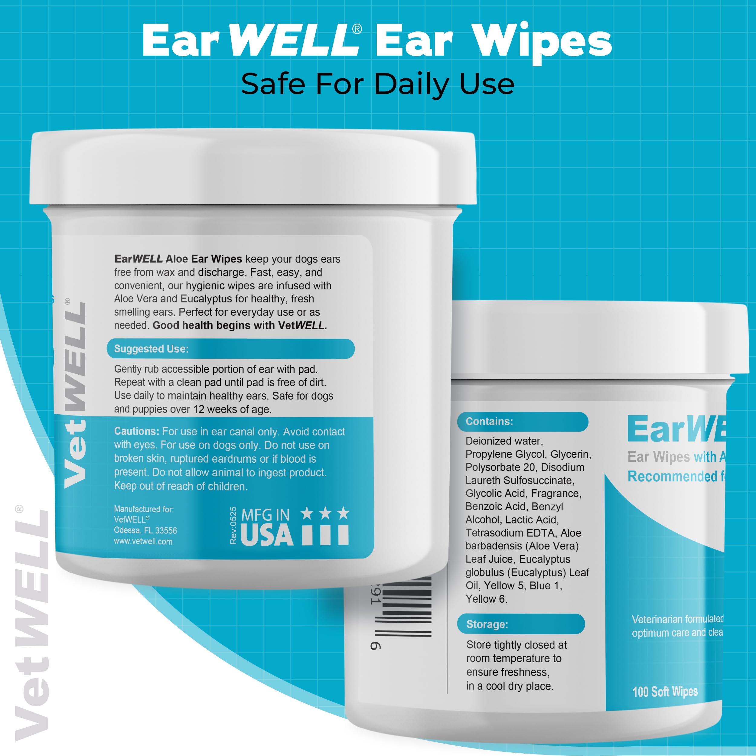VetWELL EarWELL wipes close-up detail for debris reduction and deodorizing.