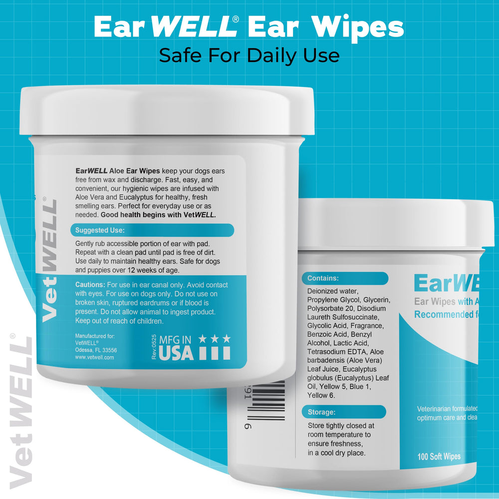 VetWELL EarWELL wipes close-up detail for debris reduction and deodorizing.