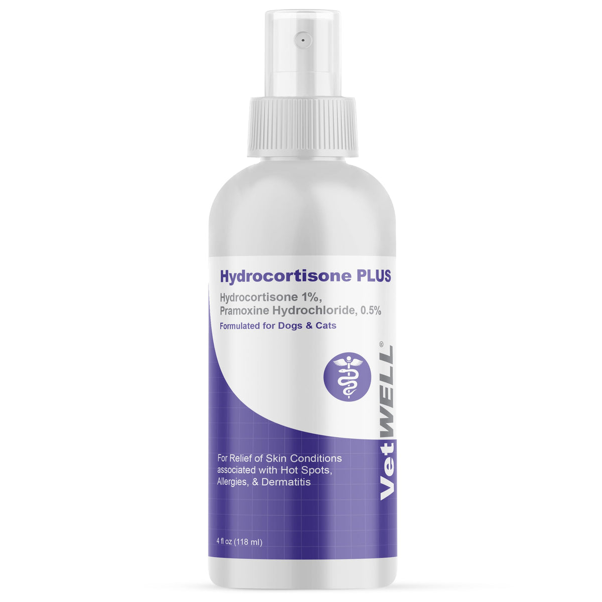 VetWELL hydrocortisone spray bottle front for itchy skin relief.