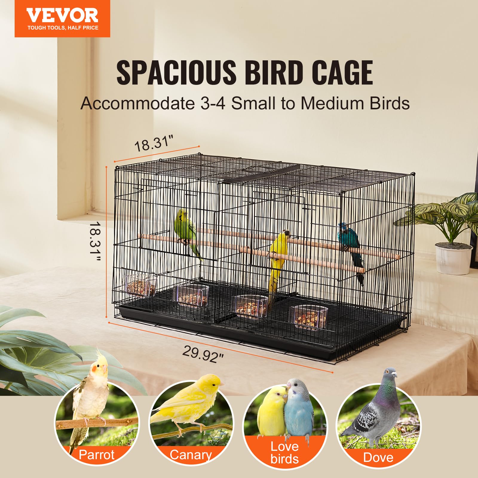 VEVOR 30-inch flight bird cage side view highlights stackable frame for easy expansion.