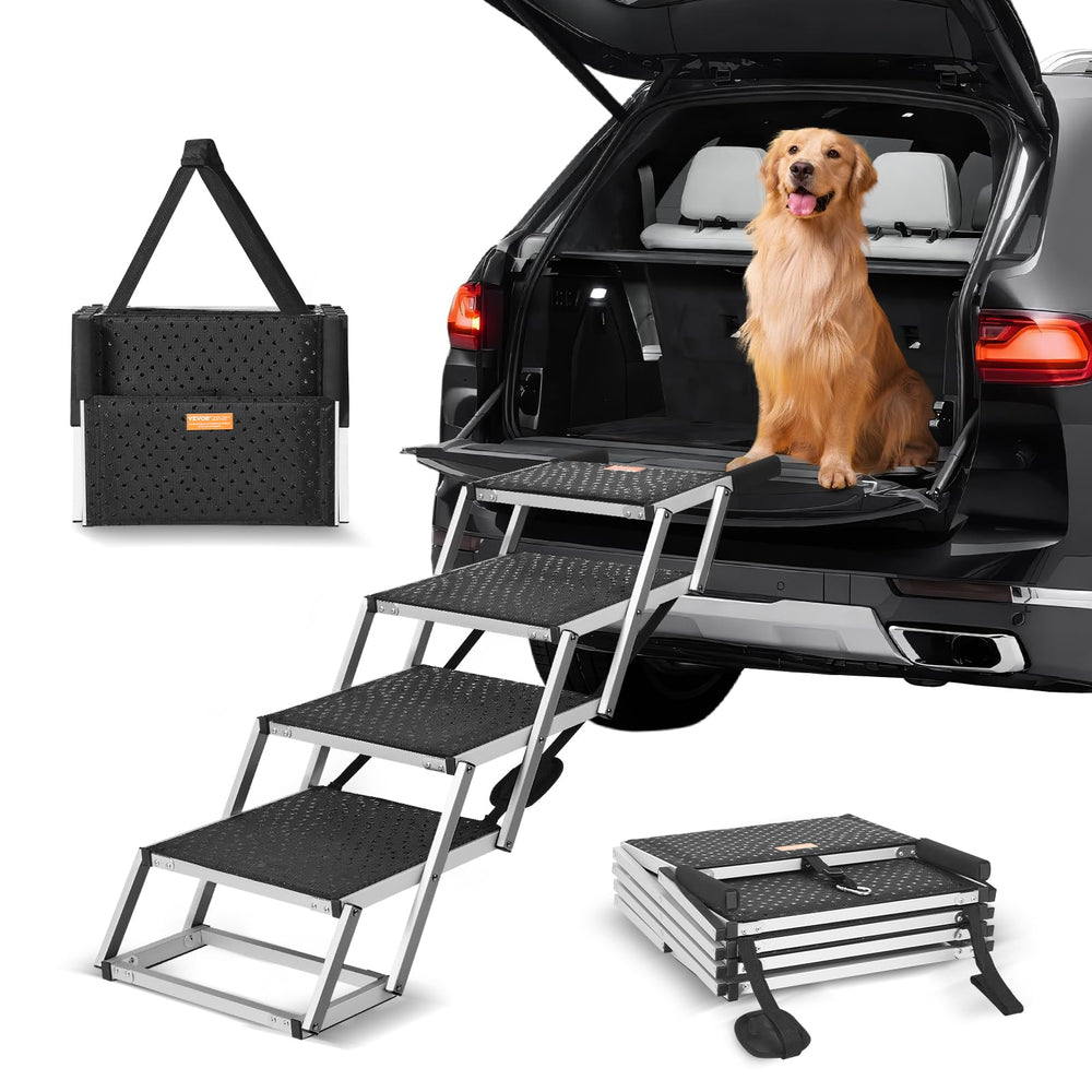 VEVOR 4-Step Dog Car Steps assembled with aluminum frame for sturdy car access.