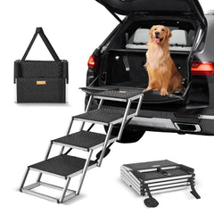 VEVOR 4-Step Dog Car Steps assembled with aluminum frame for sturdy car access.
