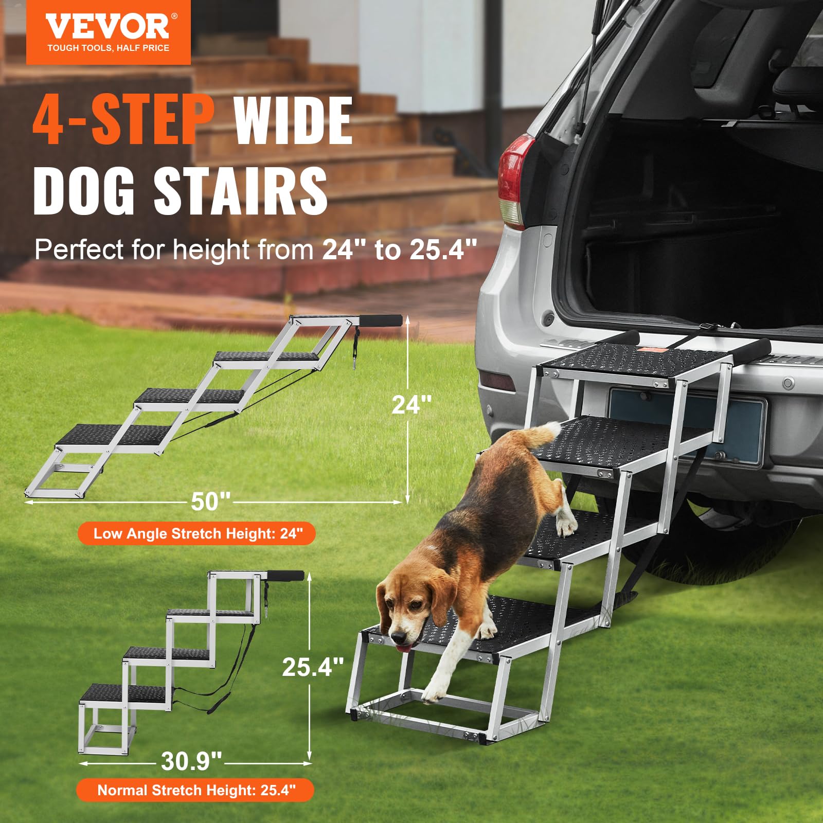 Folded VEVOR dog steps, compact and ready for trunk storage.