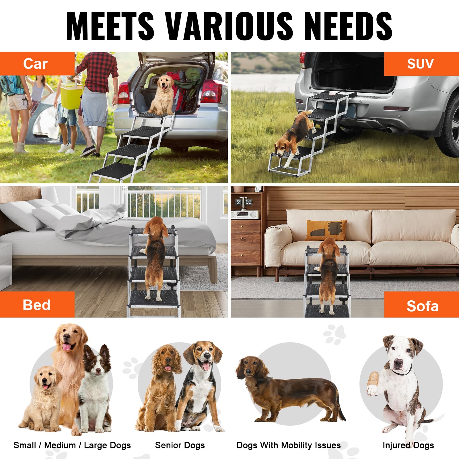 In-car trunk use: VEVOR steps facilitate easy pet entry to vehicles.
