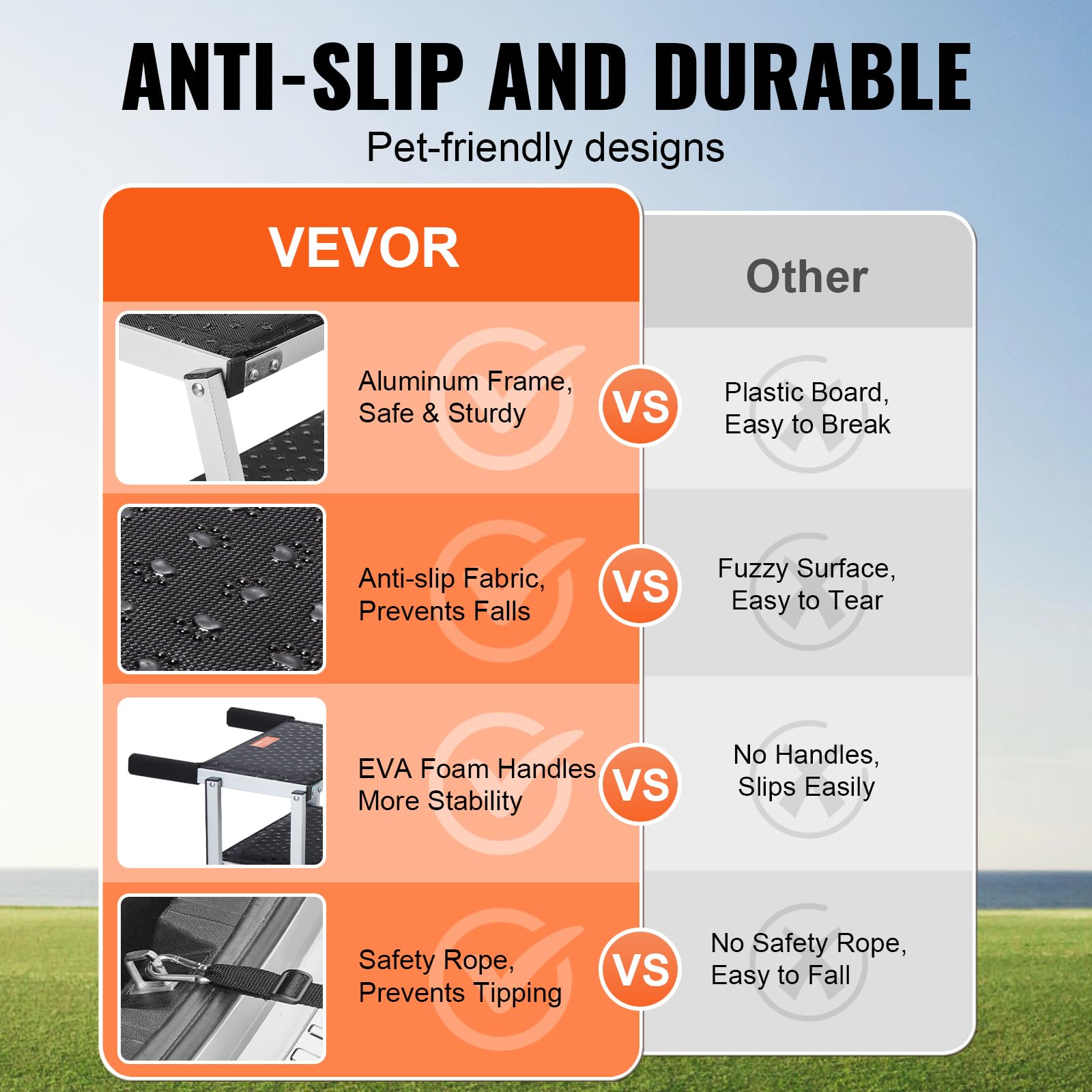 Safety tether clips on VEVOR steps enhance pet security during entry.