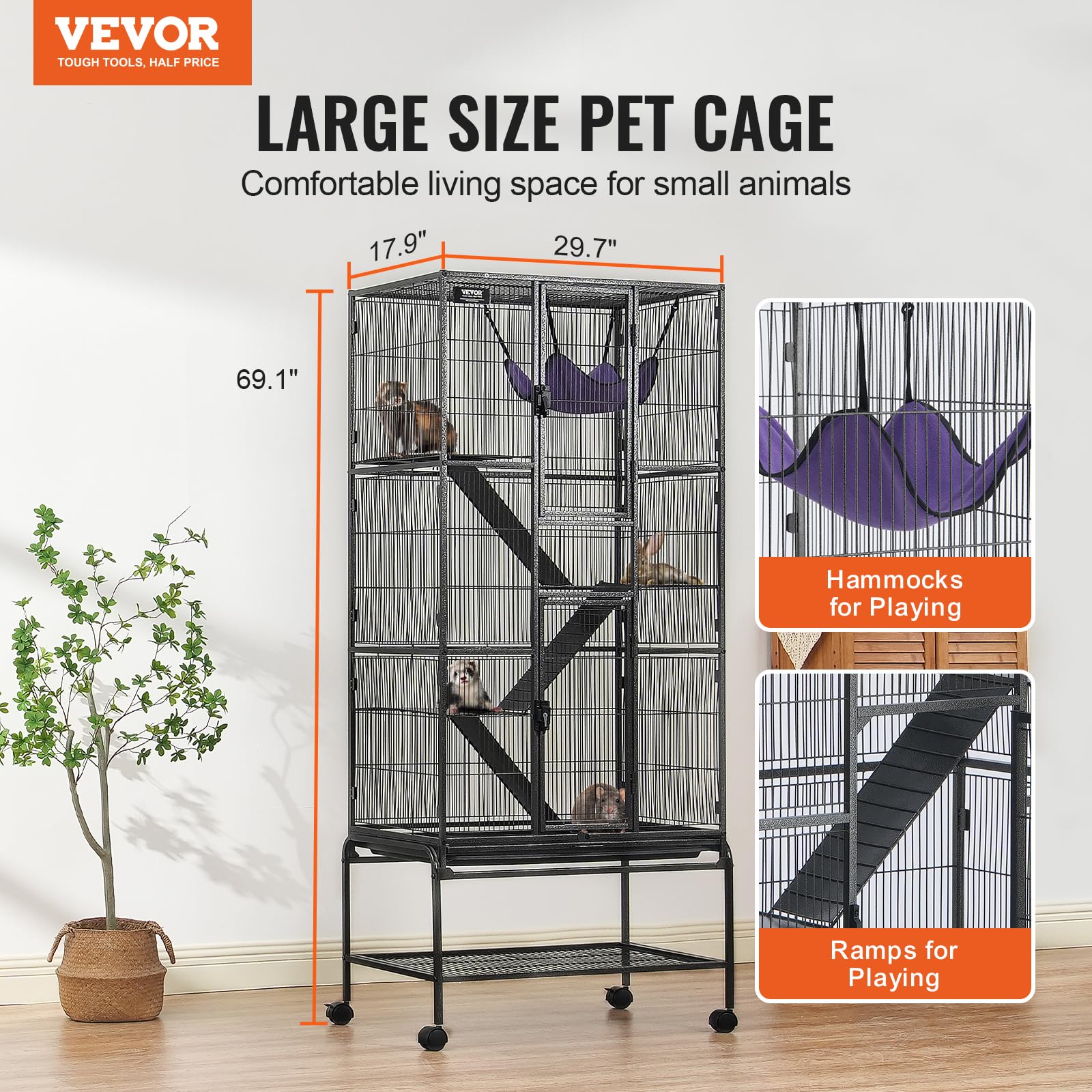 VEVOR 69-inch rolling ferret cage shows 4-tier platforms for climbing and exercise.