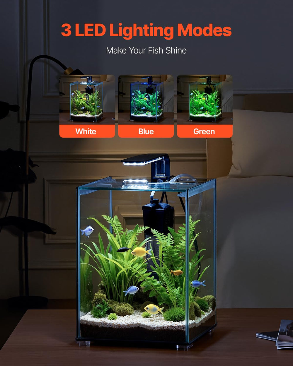 VEVOR aquarium with three color lighting mode enhances fish colors