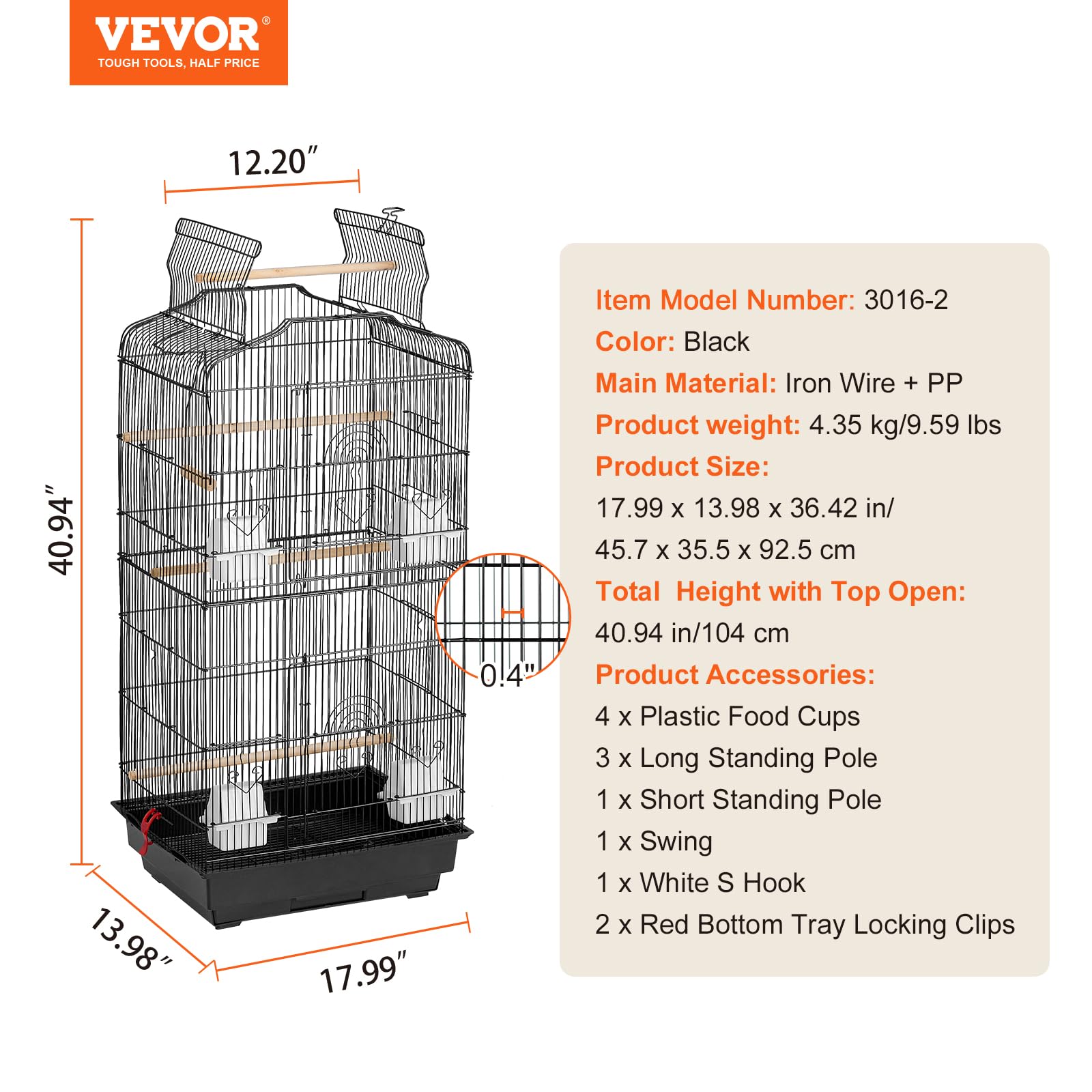 VEVOR 0.4-inch bar spacing protects small birds.
