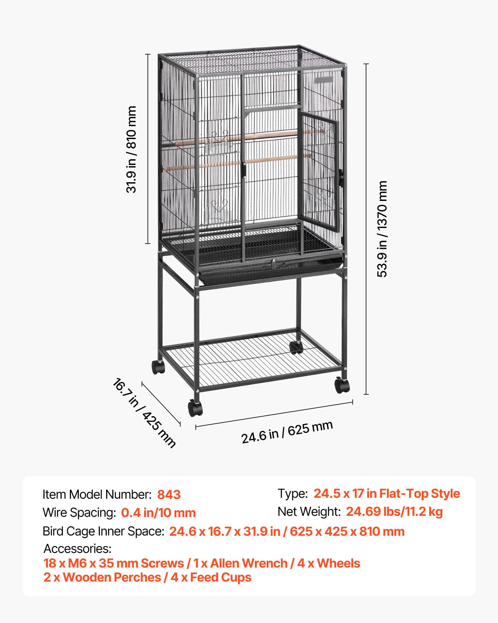Bottom metal grate keeps droppings away from birds for hygiene.