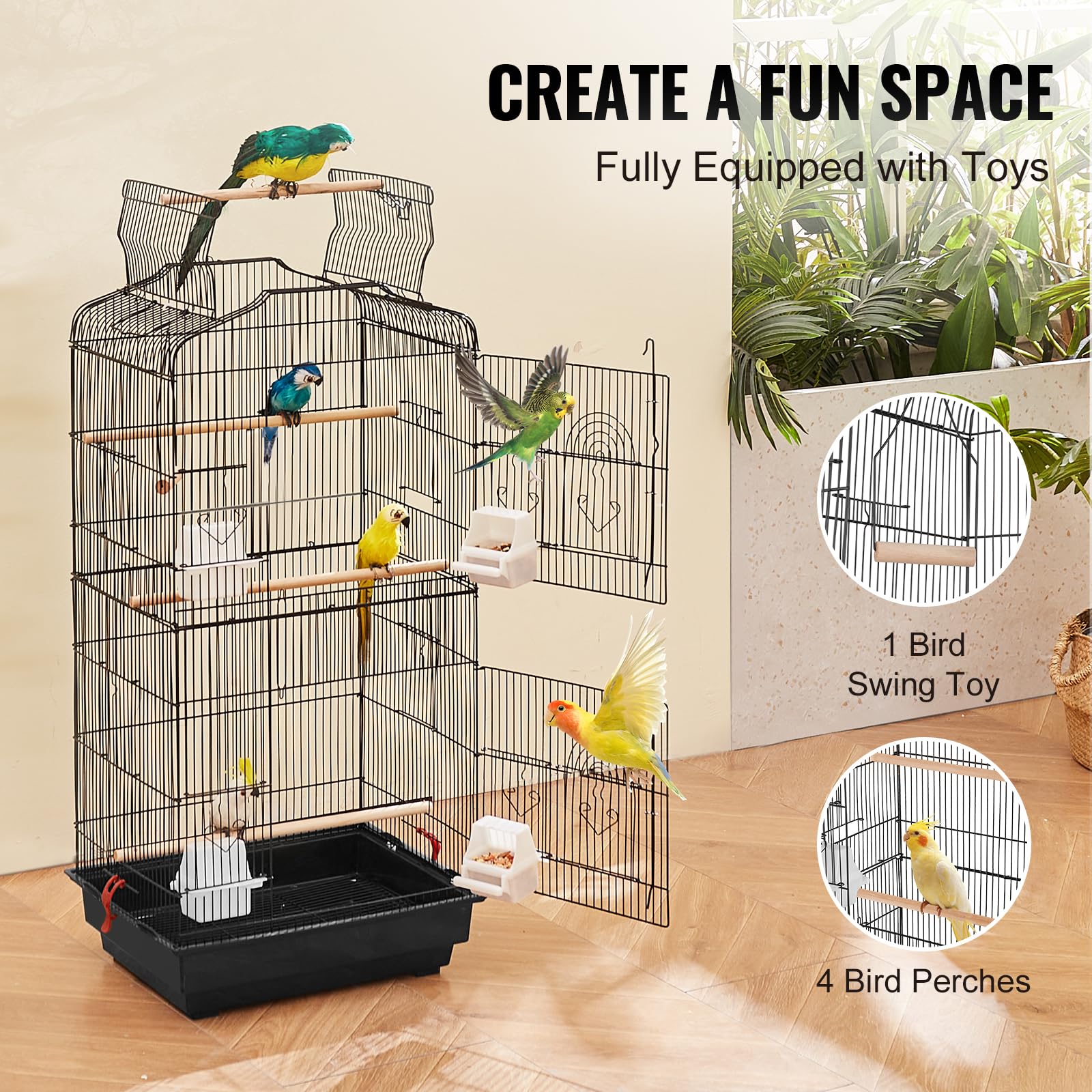 VEVOR cage with four feeders and perches keeps birds fed.