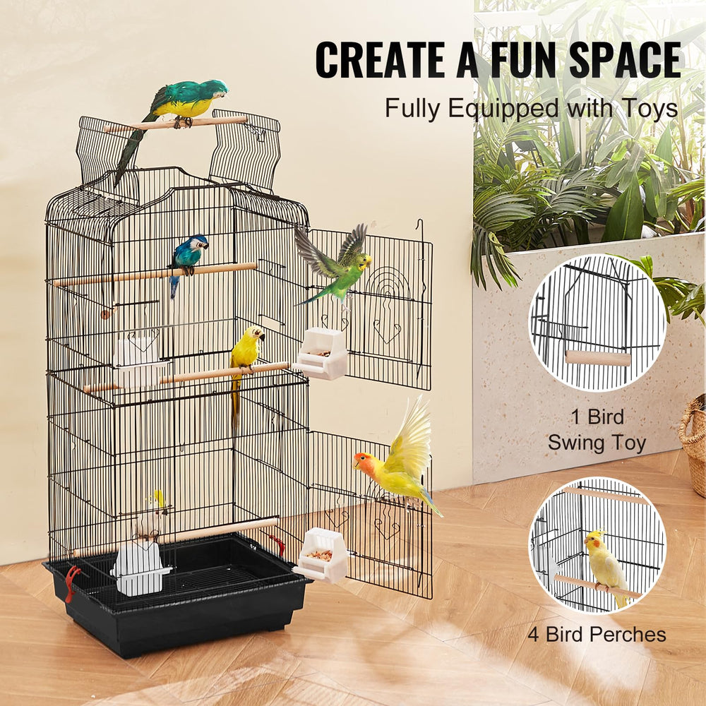 VEVOR cage with four feeders and perches keeps birds fed.