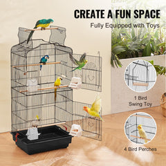 VEVOR cage with four feeders and perches keeps birds fed.