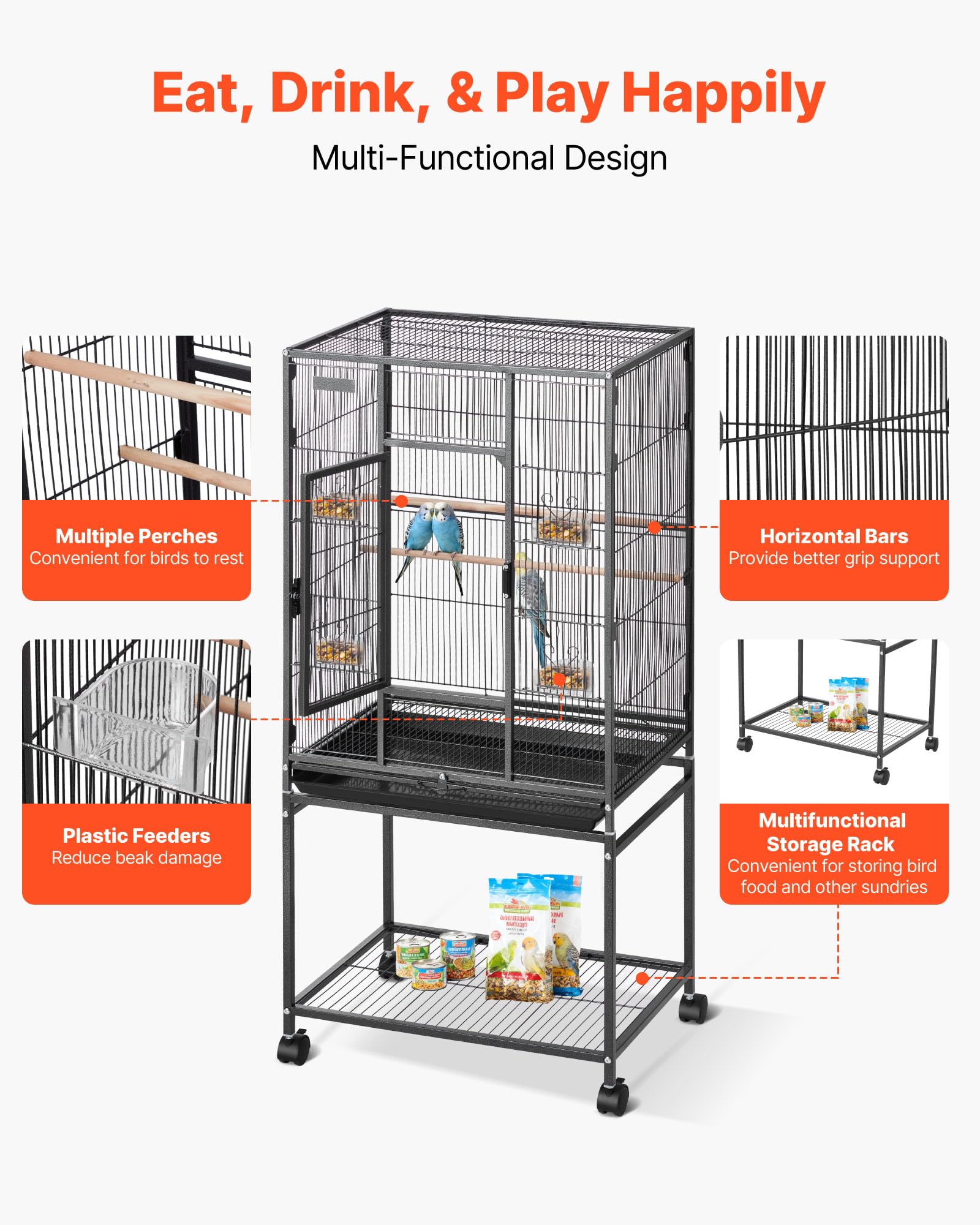 Slide-out feeders reduce beak wear during feeding sessions.