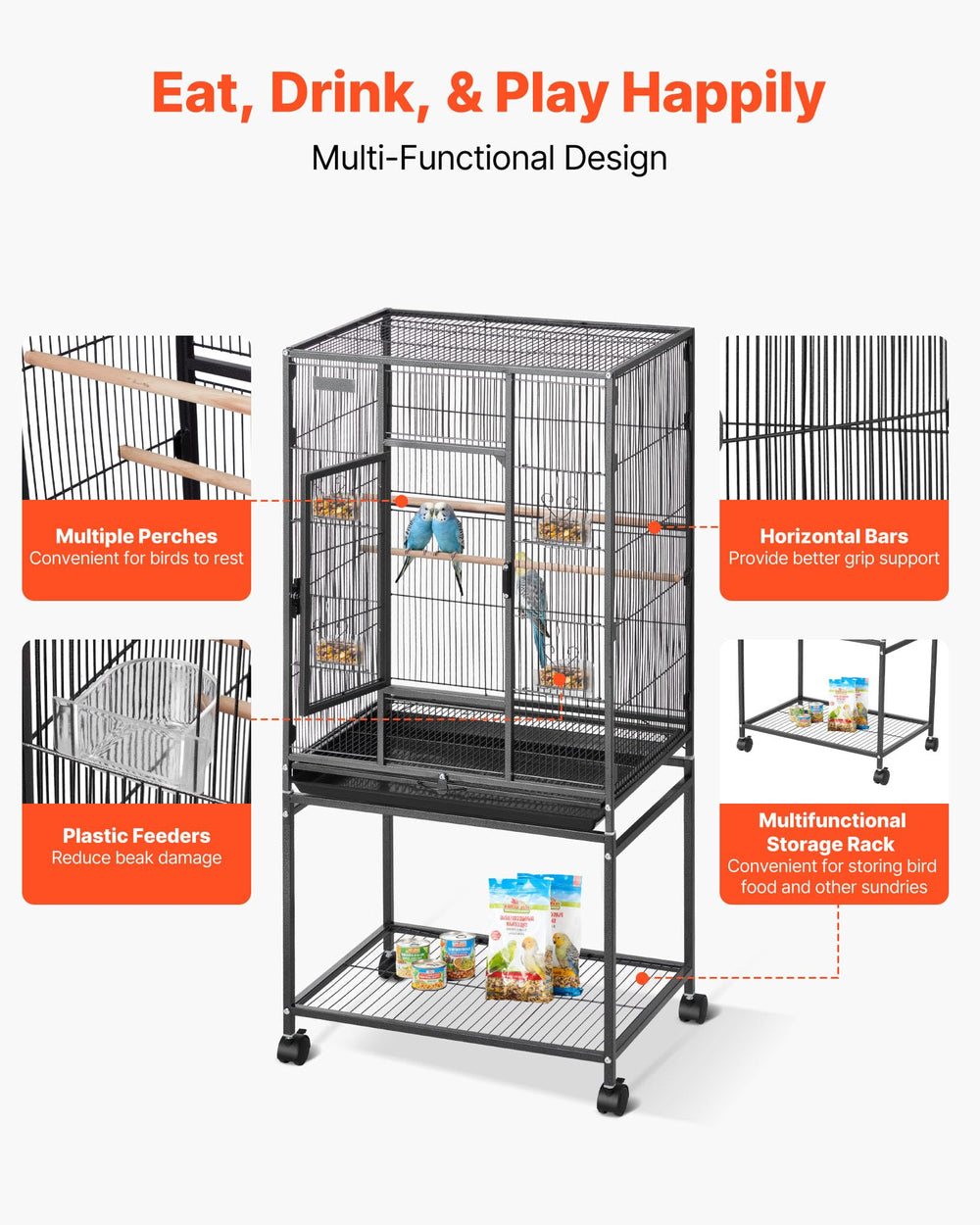 Slide-out feeders reduce beak wear during feeding sessions.