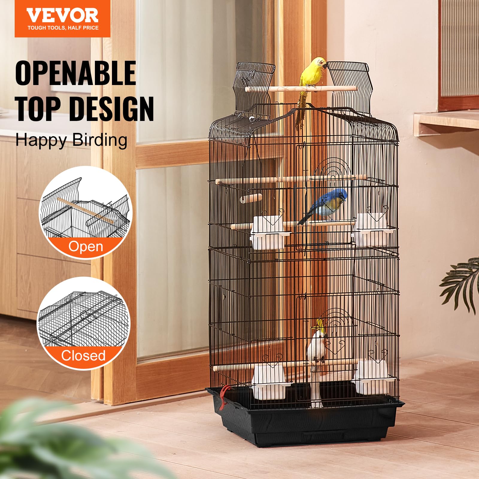 VEVOR bird cage top-access design expands play area for birds.