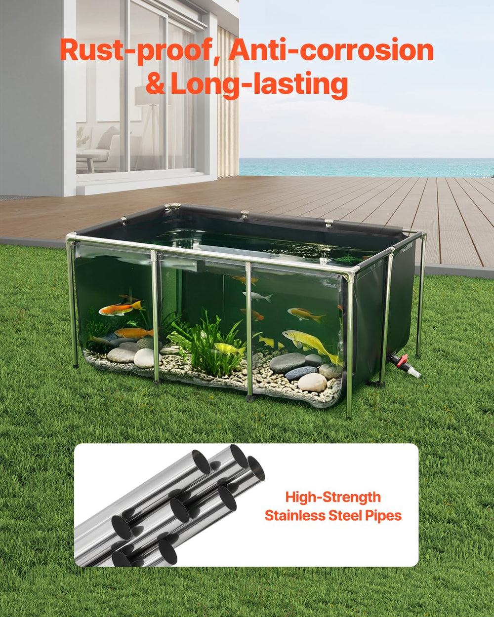 VEVOR Canvas Fish Pond stainless steel frame ensures long-lasting rust resistance.