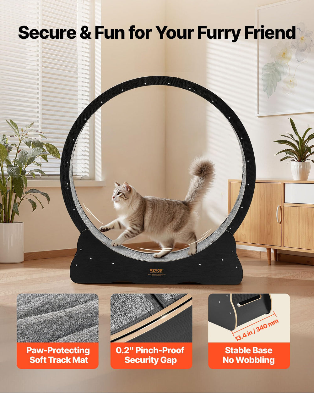 VEVOR cat wheel uses silent wheels for quiet indoor play.