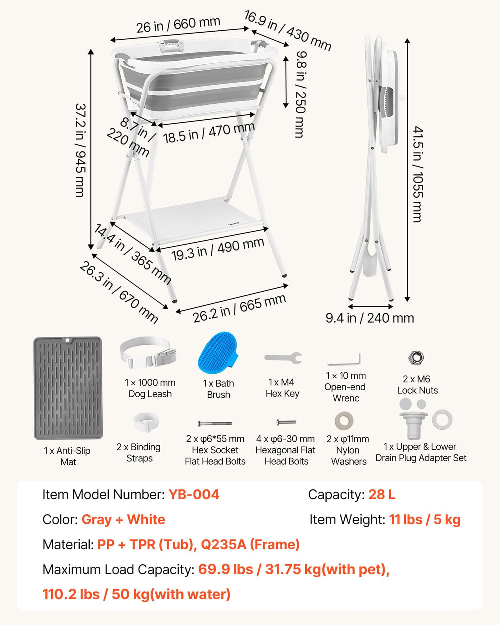 VEVOR dog bath tub reinforced X-frame offers strong support