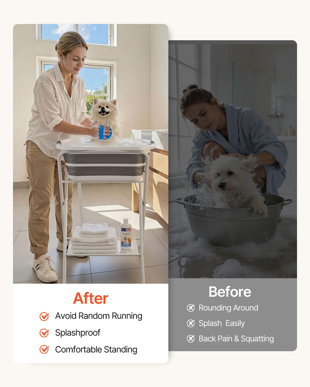 VEVOR dog bath tub storage rack keeps brushes and towels within reach