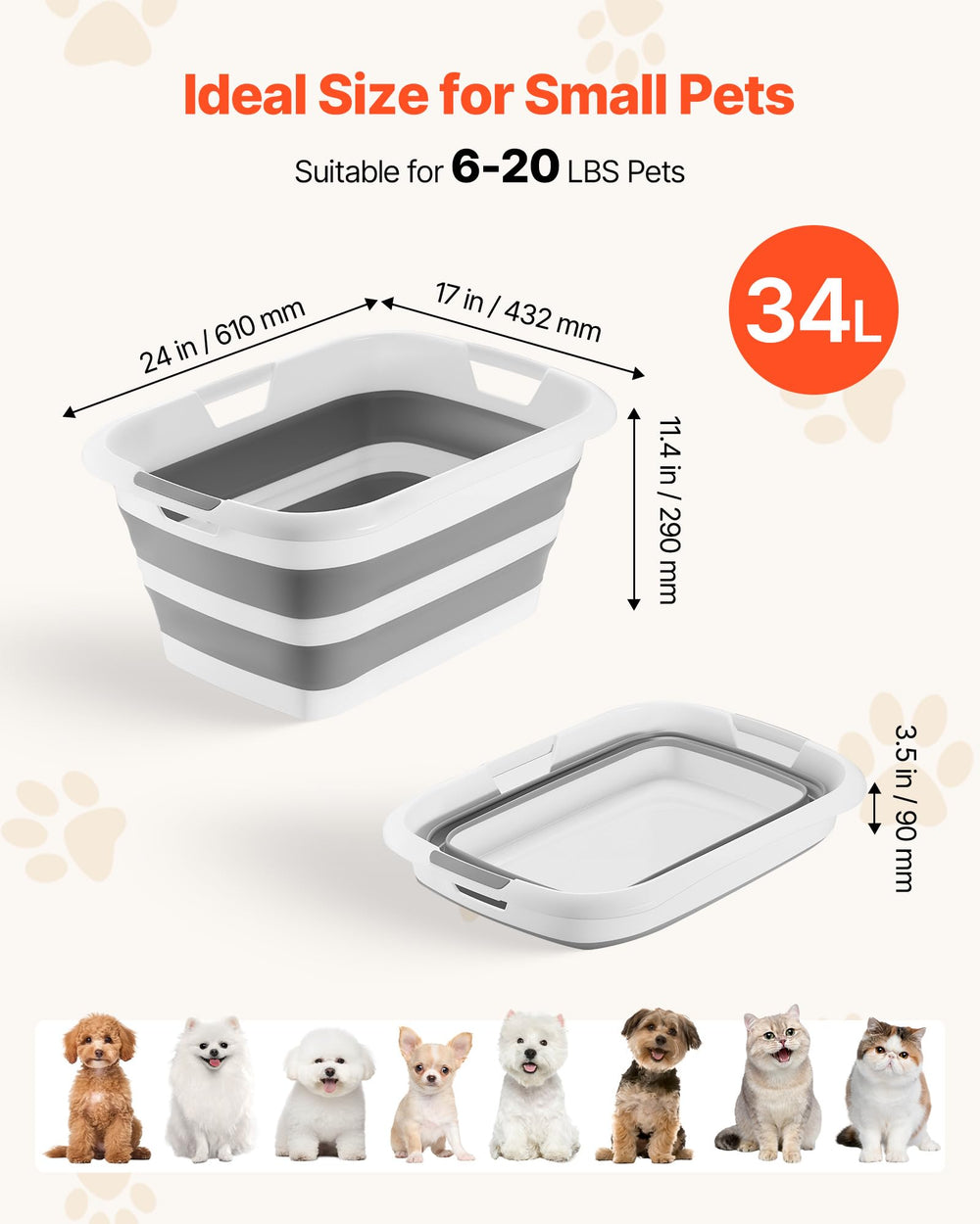 VEVOR dog bathtub shows 24 by 17 by 11.4 inches, ideal for small pets