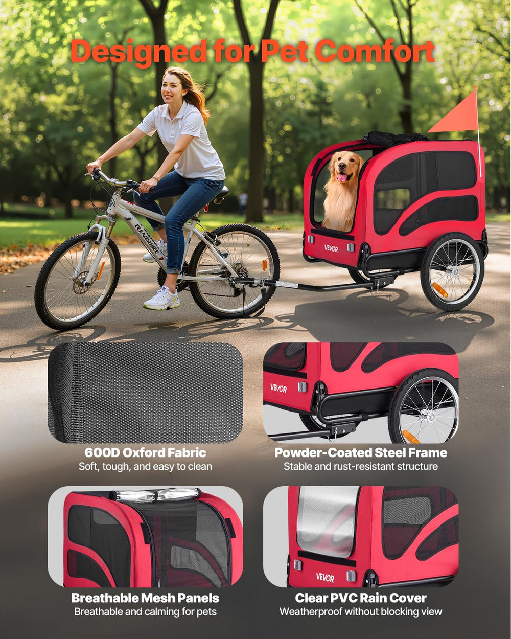 VEVOR dog trailer built-in leash keeps pet secure during travel