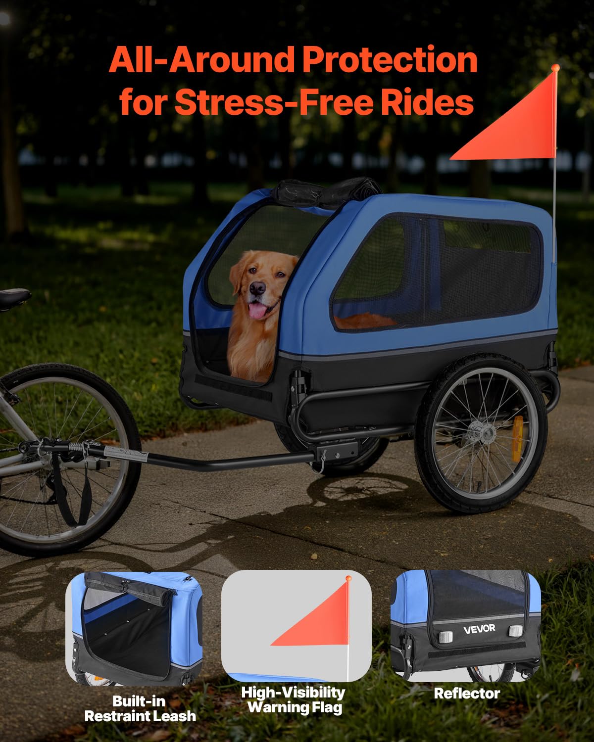 VEVOR Dog Bike Trailer built-in leash keeps pets secure during rides