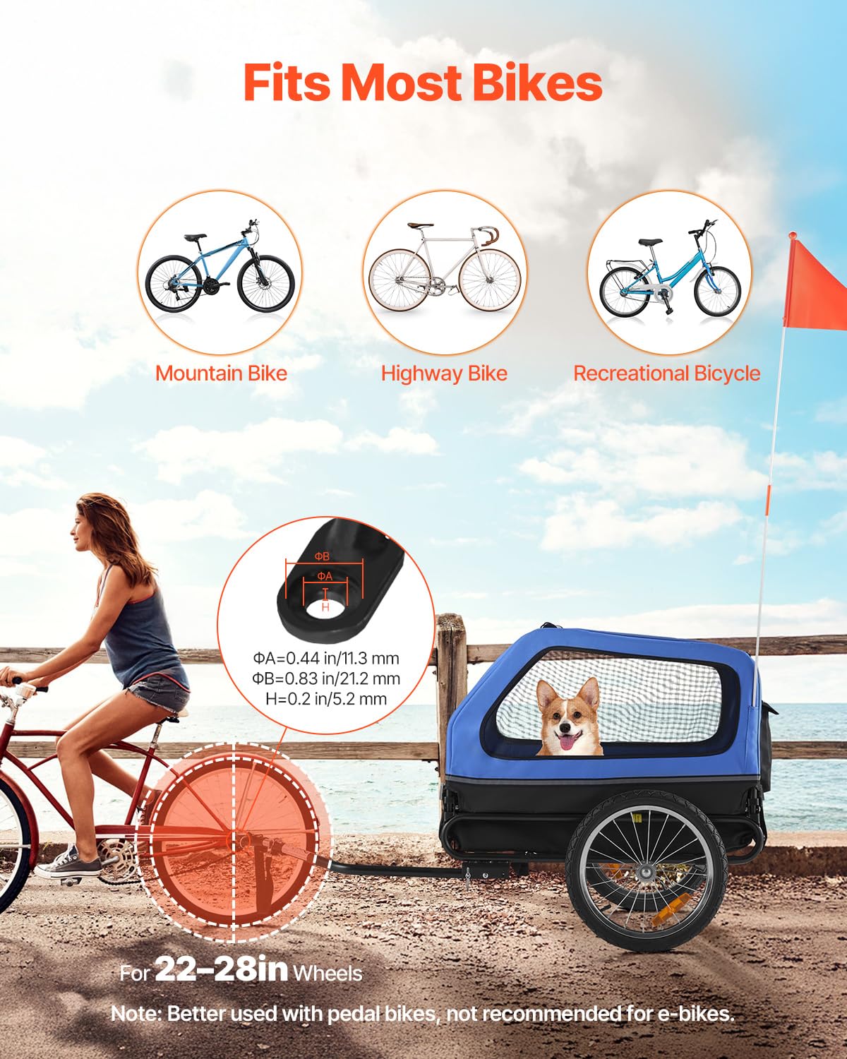 VEVOR Dog Bike Trailer coupler attachment shows quick setup for most adult bikes