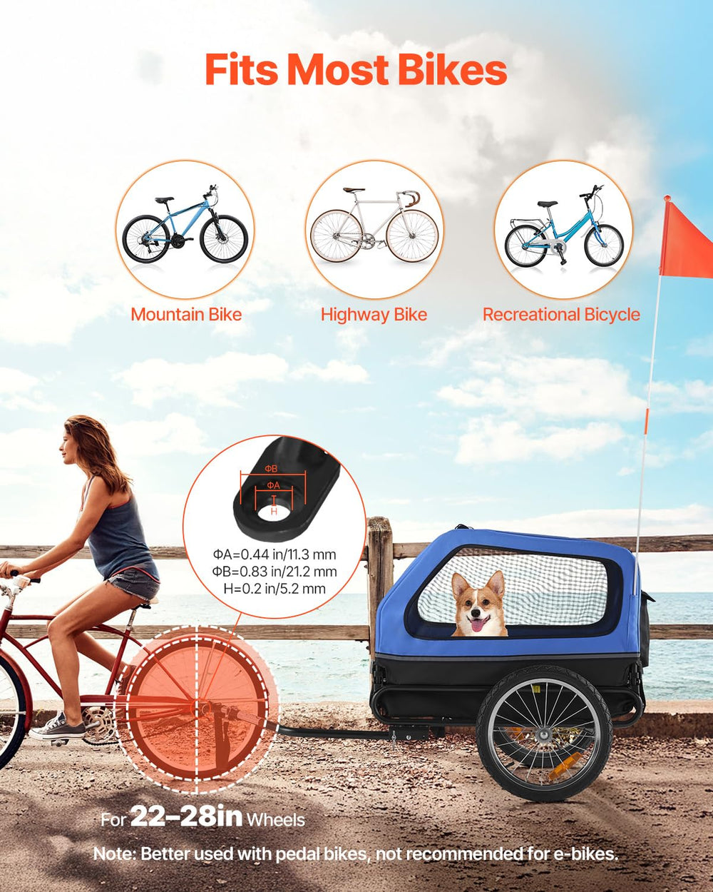 VEVOR Dog Bike Trailer coupler attachment shows quick setup for most adult bikes