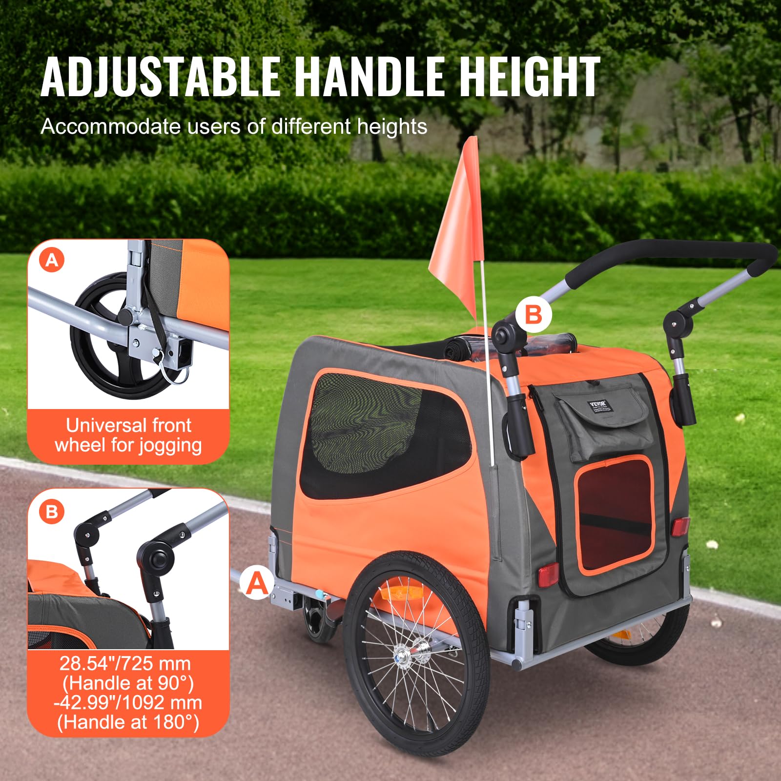 VEVOR dog bike trailer rear view highlights reflective safety features