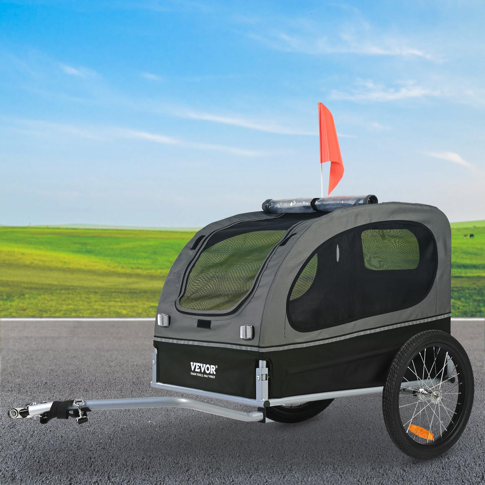 VEVOR dog bike trailer reflectors and flag for visibility.