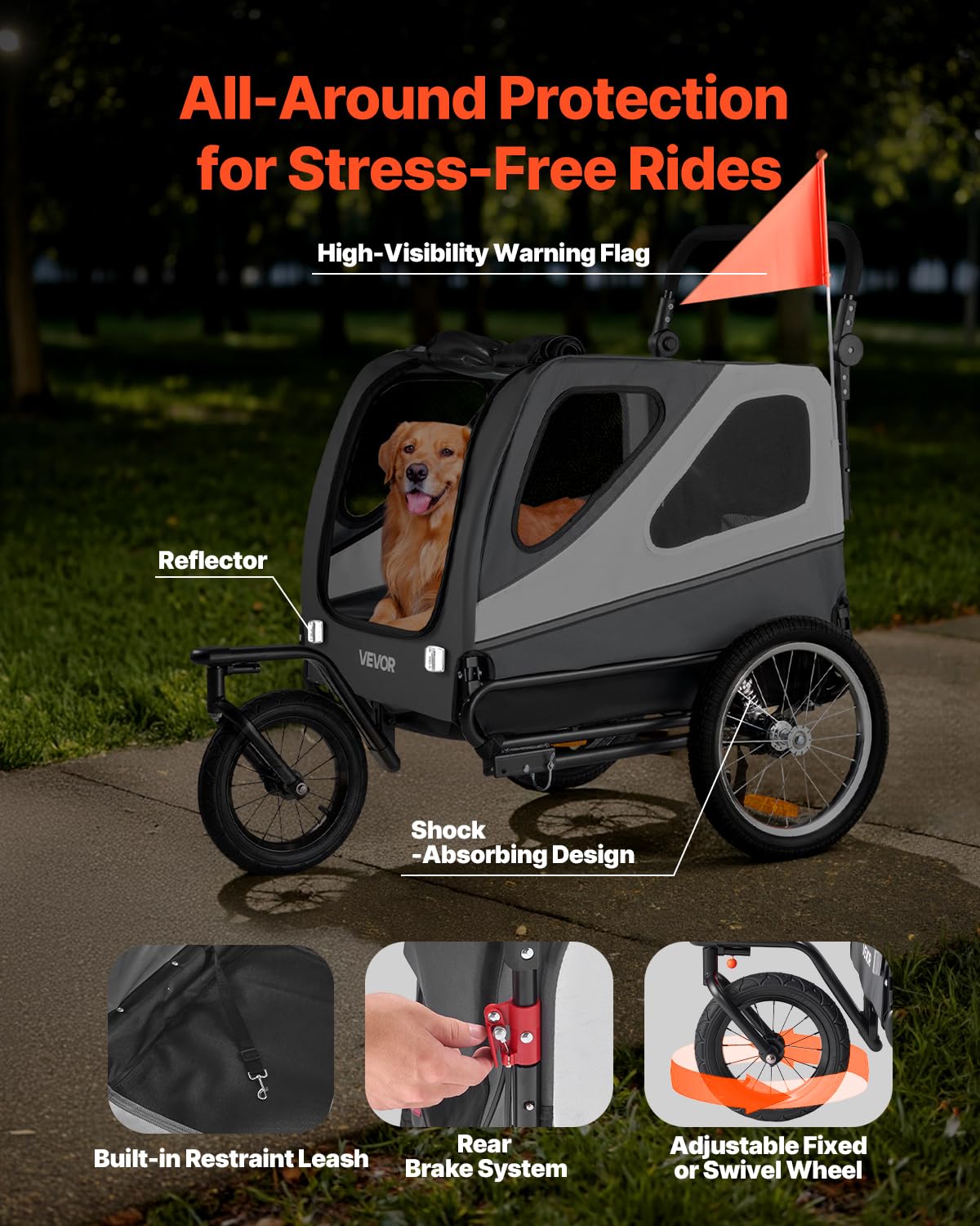 VEVOR dog trailer with shock absorber for smoother rides.