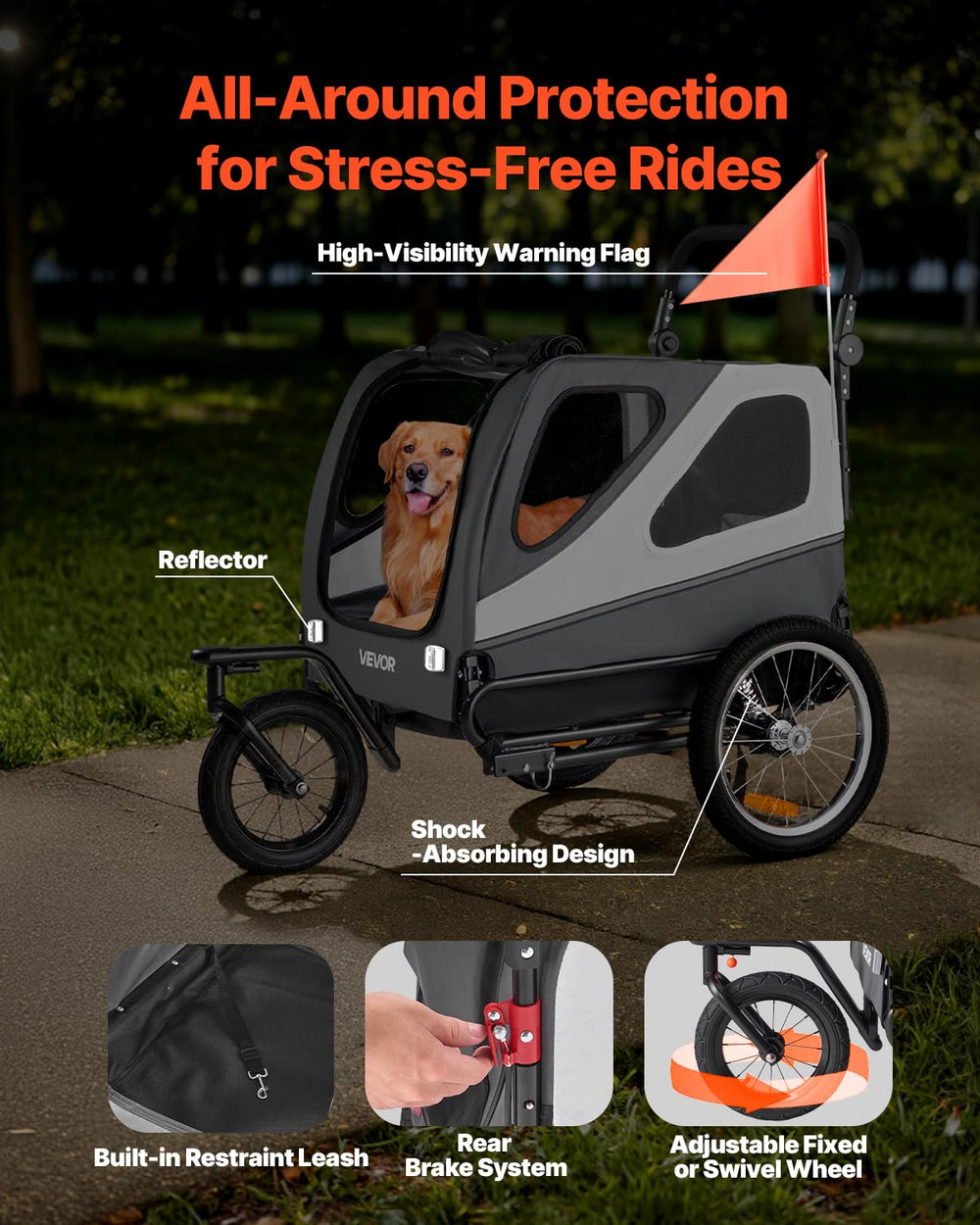 VEVOR dog trailer with shock absorber for smoother rides.