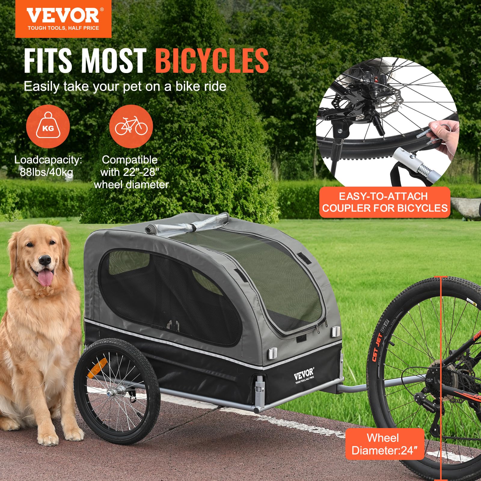 VEVOR dog bike trailer side assembly showing frame and wheels.