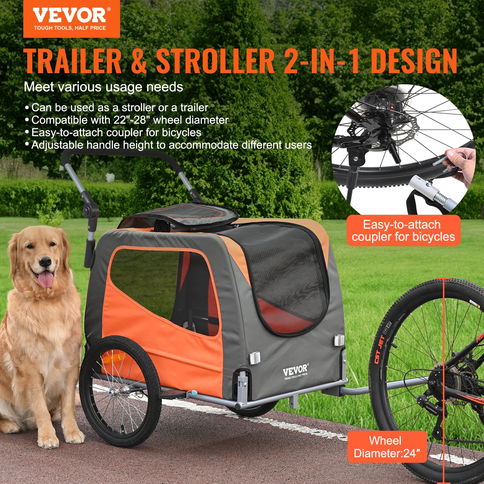 VEVOR dog bike trailer side view showing ample space for a medium dog