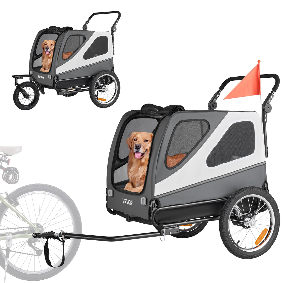 VEVOR dog bike trailer two-in-one design for bike trips and jogging.
