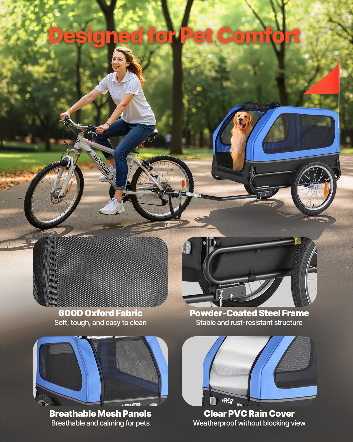 VEVOR Dog Bike Trailer mesh panels provide airflow and visibility for pets
