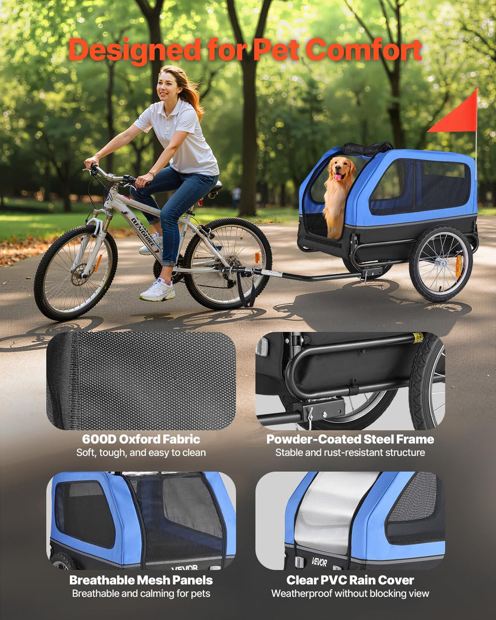 VEVOR Dog Bike Trailer mesh panels provide airflow and visibility for pets