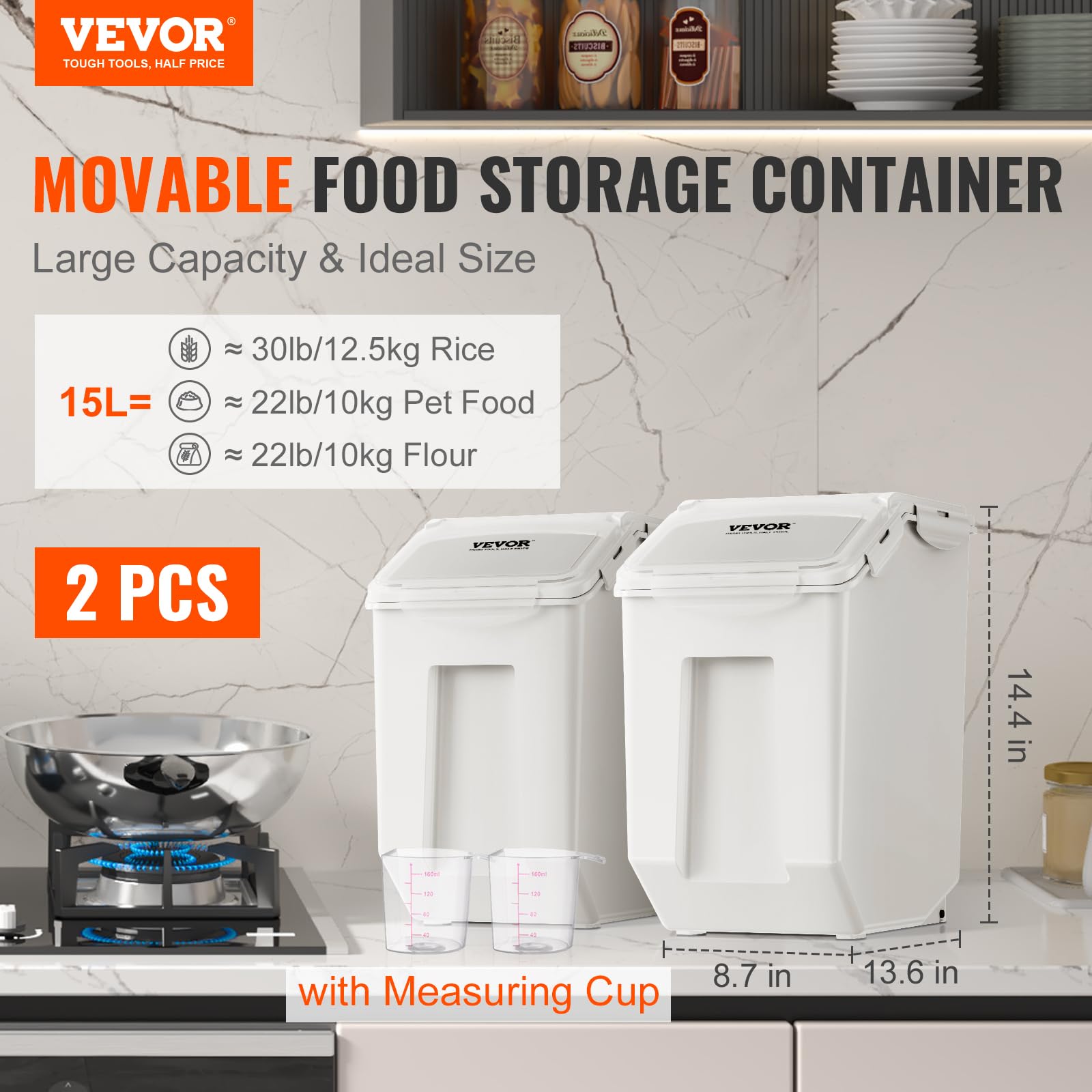 VEVOR dog food storage bin includes two measuring cups for easy scooping