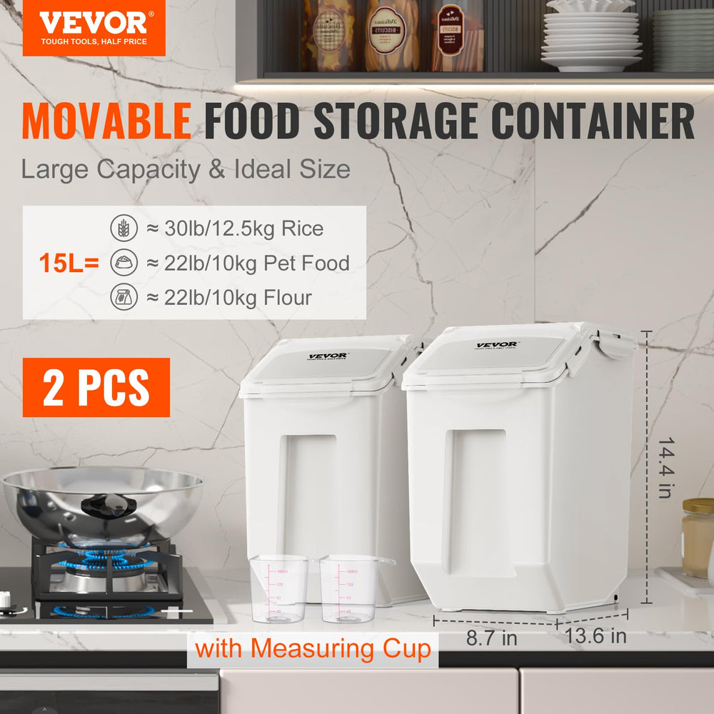 VEVOR dog food storage bin includes two measuring cups for easy scooping