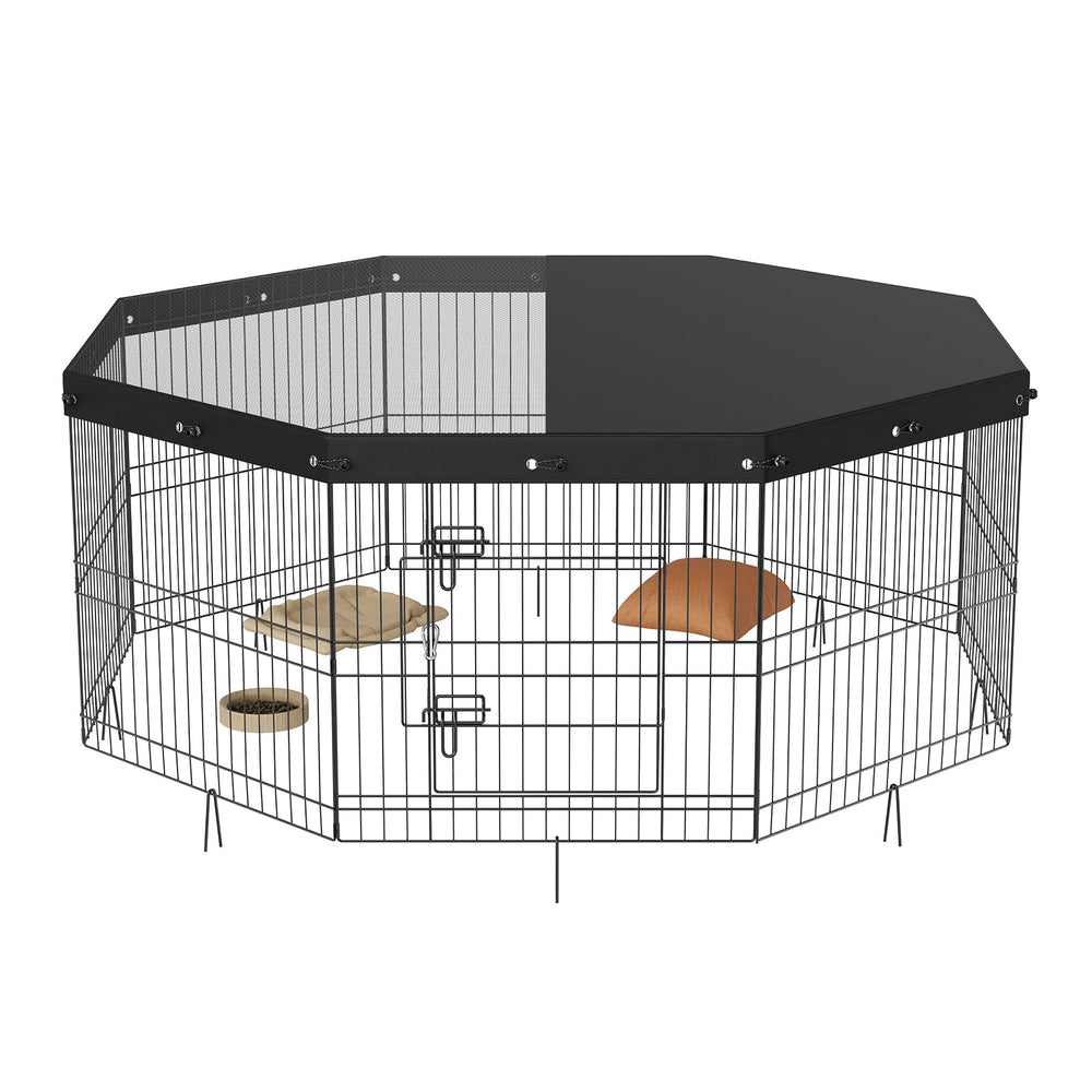 VEVOR dog pen compact storage highlights flat-fold design for compact storage.