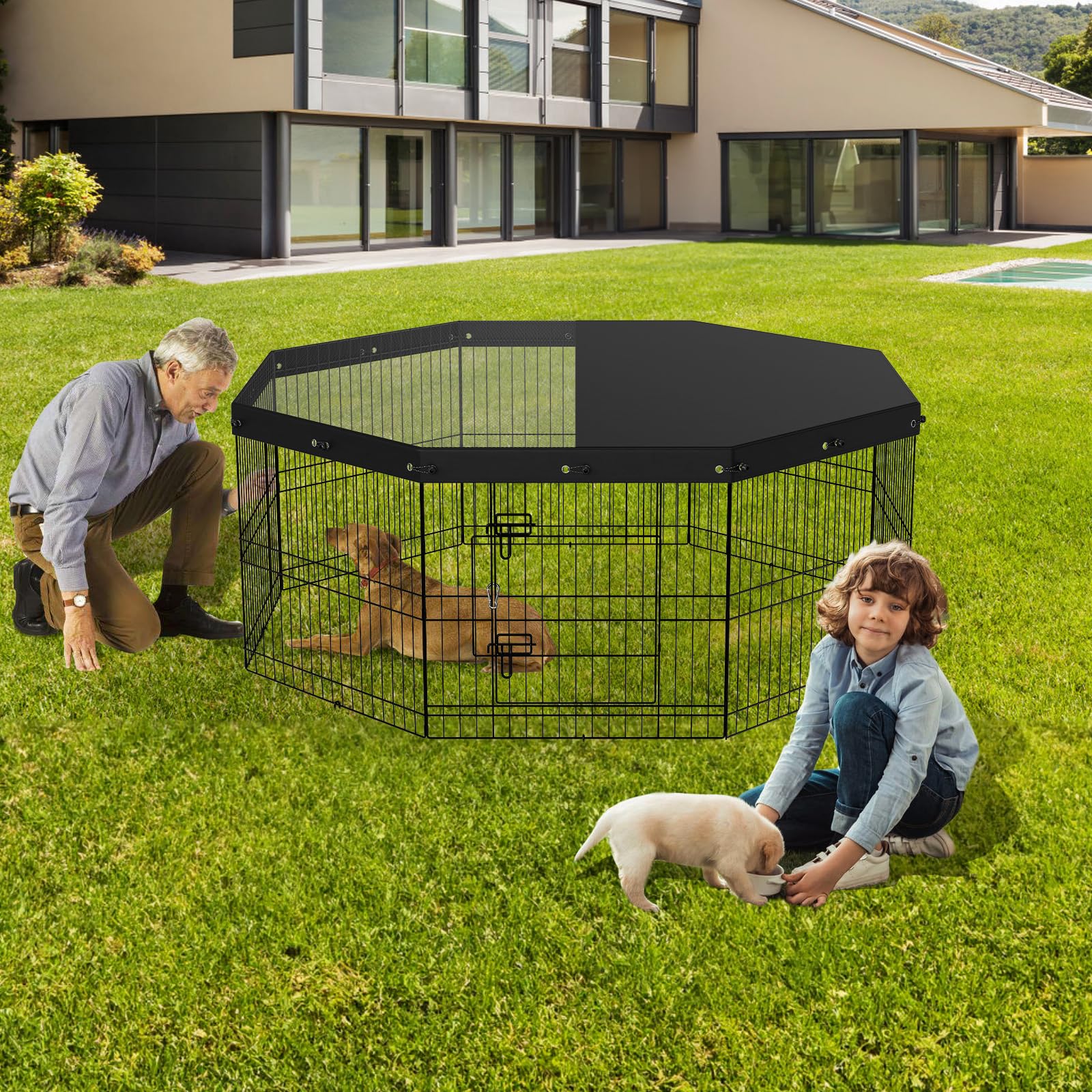 VEVOR dog pen outdoor use shows pets enjoying safe outdoor play.